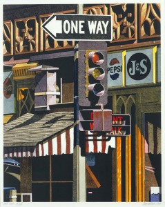 035 1984 One Way hand-coloured lithograph 63.5 x 50.8 cm[1]