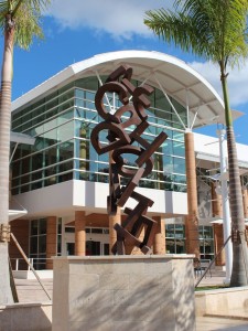 Stacked Brands Framed Against Library Entrance